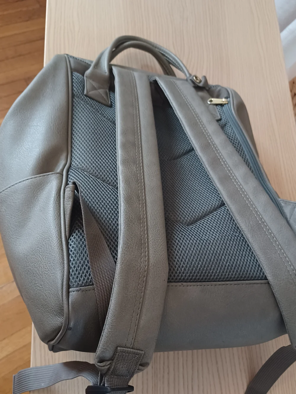 Gray Taupe Faux Leather Vegan Backpack with Front Zip Pocket - Picture 5 of 5